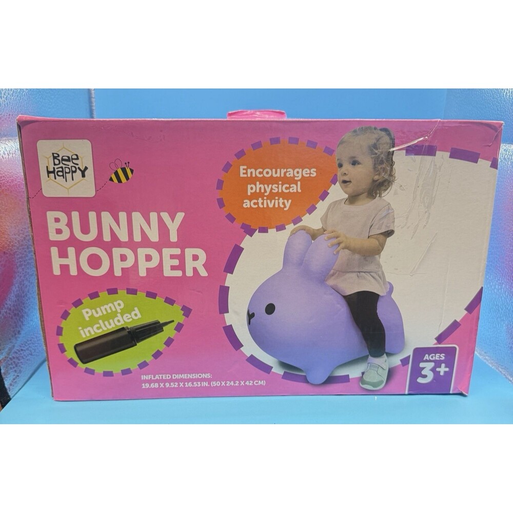 Bee Happy Bunny Hopper Inflatable Ride-On Toy Purple Kids 3+ w/ Pump Open Box